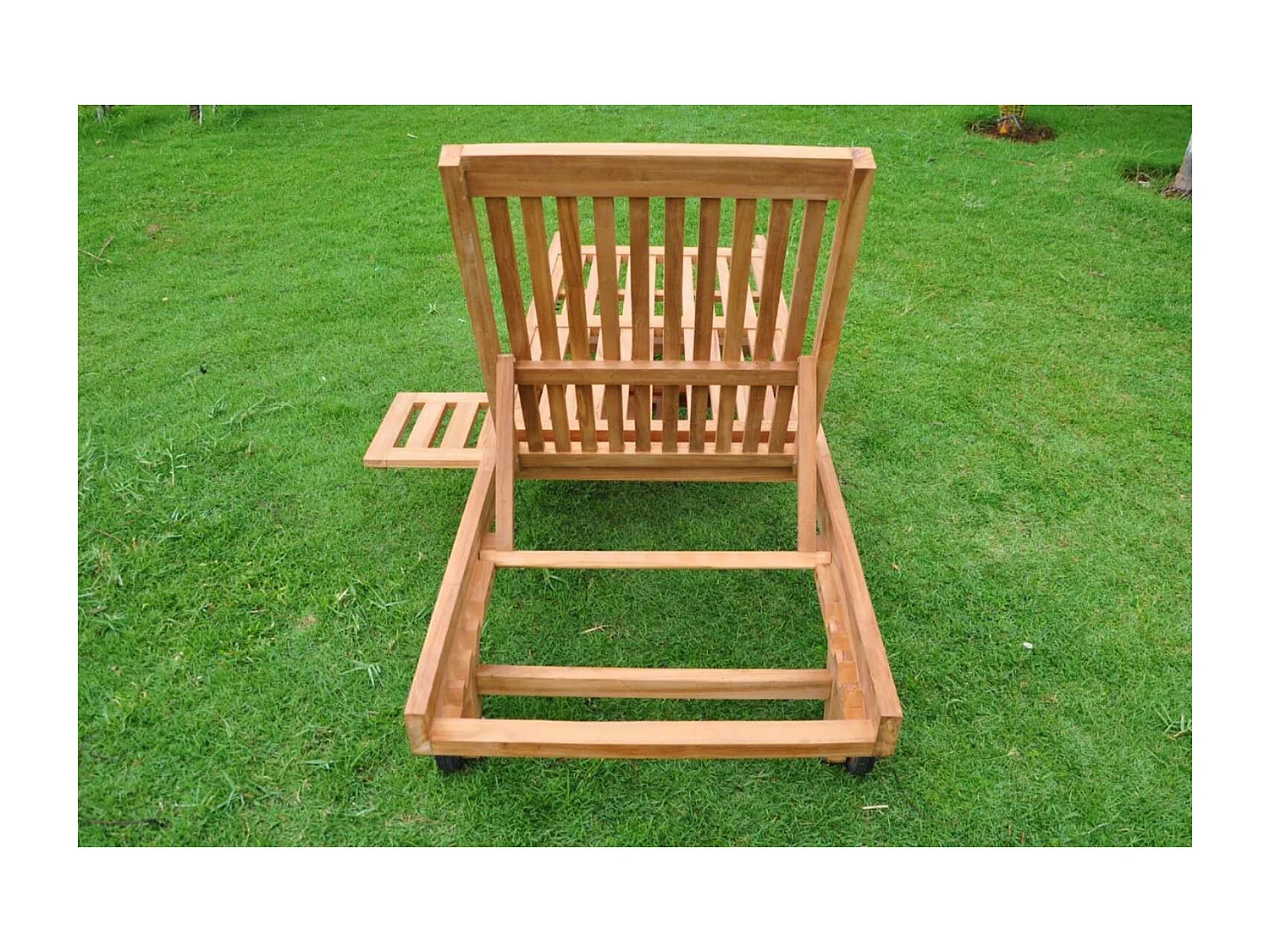 Transat en Teck avec Roues et Plateau TAMANA - Bain de Soleil Réglable pour Extérieur