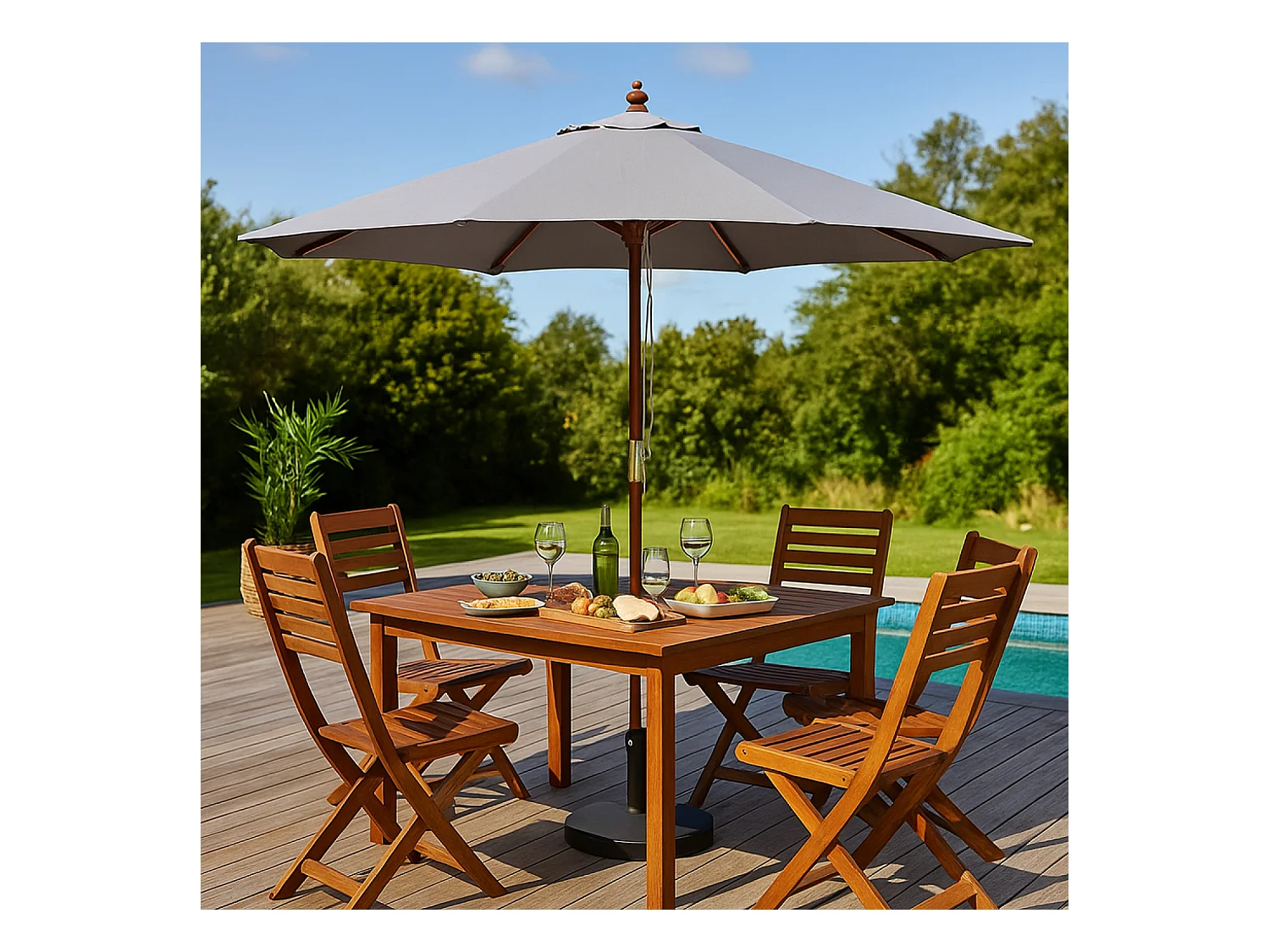 Parasol en bois rond diamètre 2,7 m toile grise NAPOLI