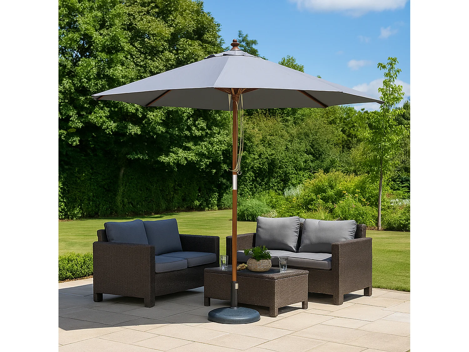 Parasol en bois rond diamètre 2,7 m toile grise NAPOLI