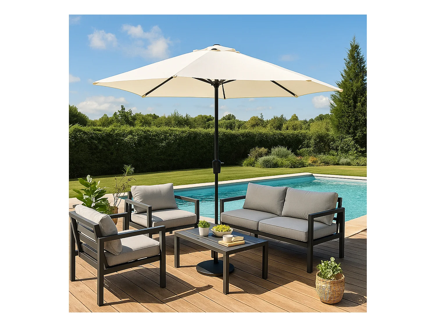 Parasol droit rond led diamètre 3 m écru MANAROLA