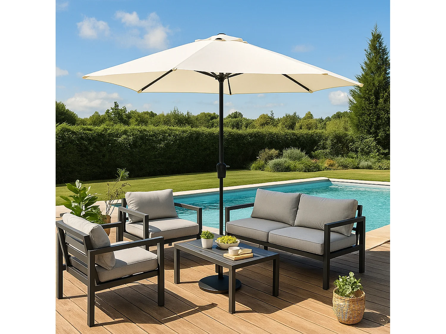 Rechte ronde LED parasol Ø 2,92 m ecru MANAROLA