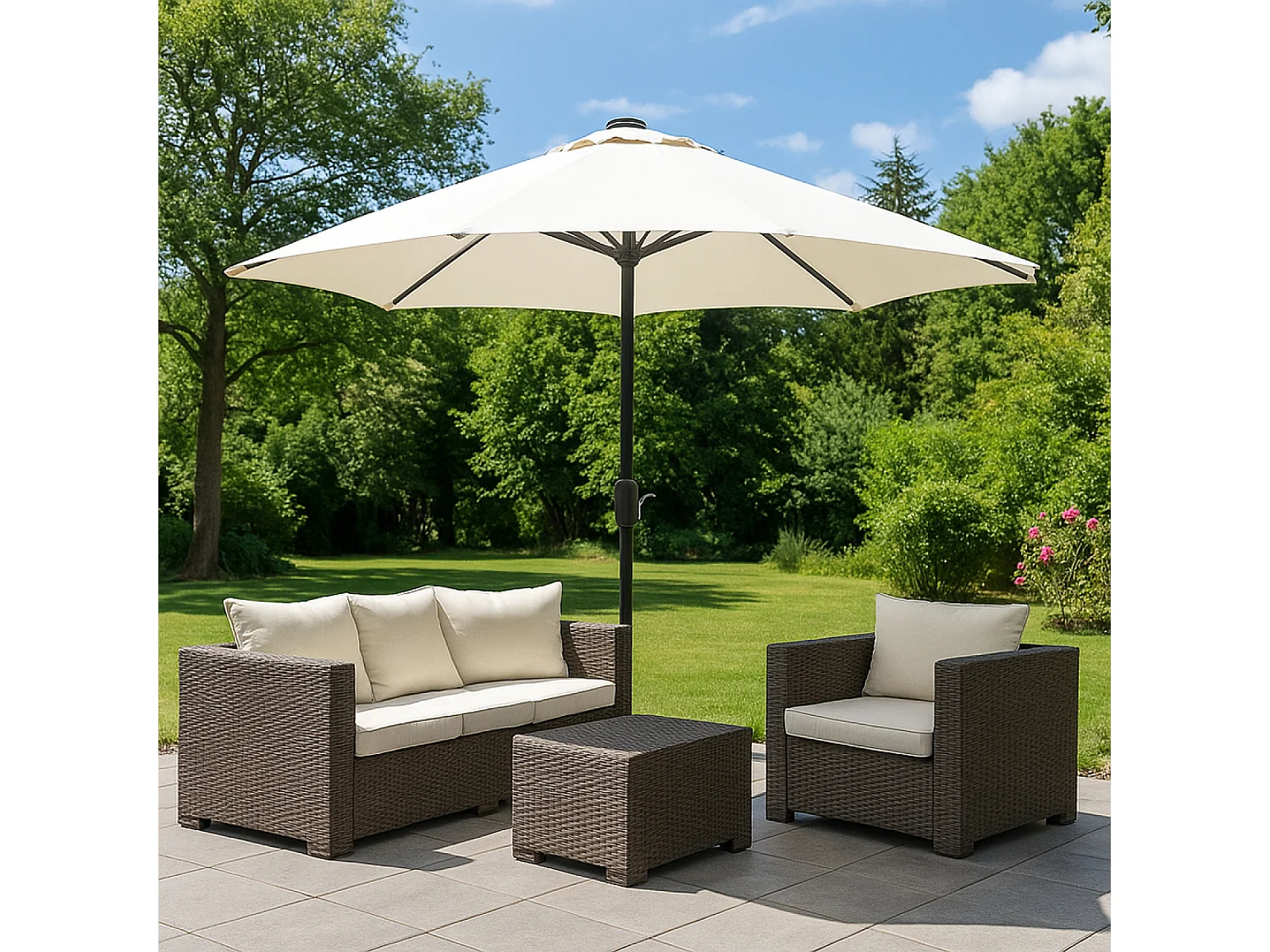 Rechte ronde LED parasol Ø 2,92 m ecru MANAROLA