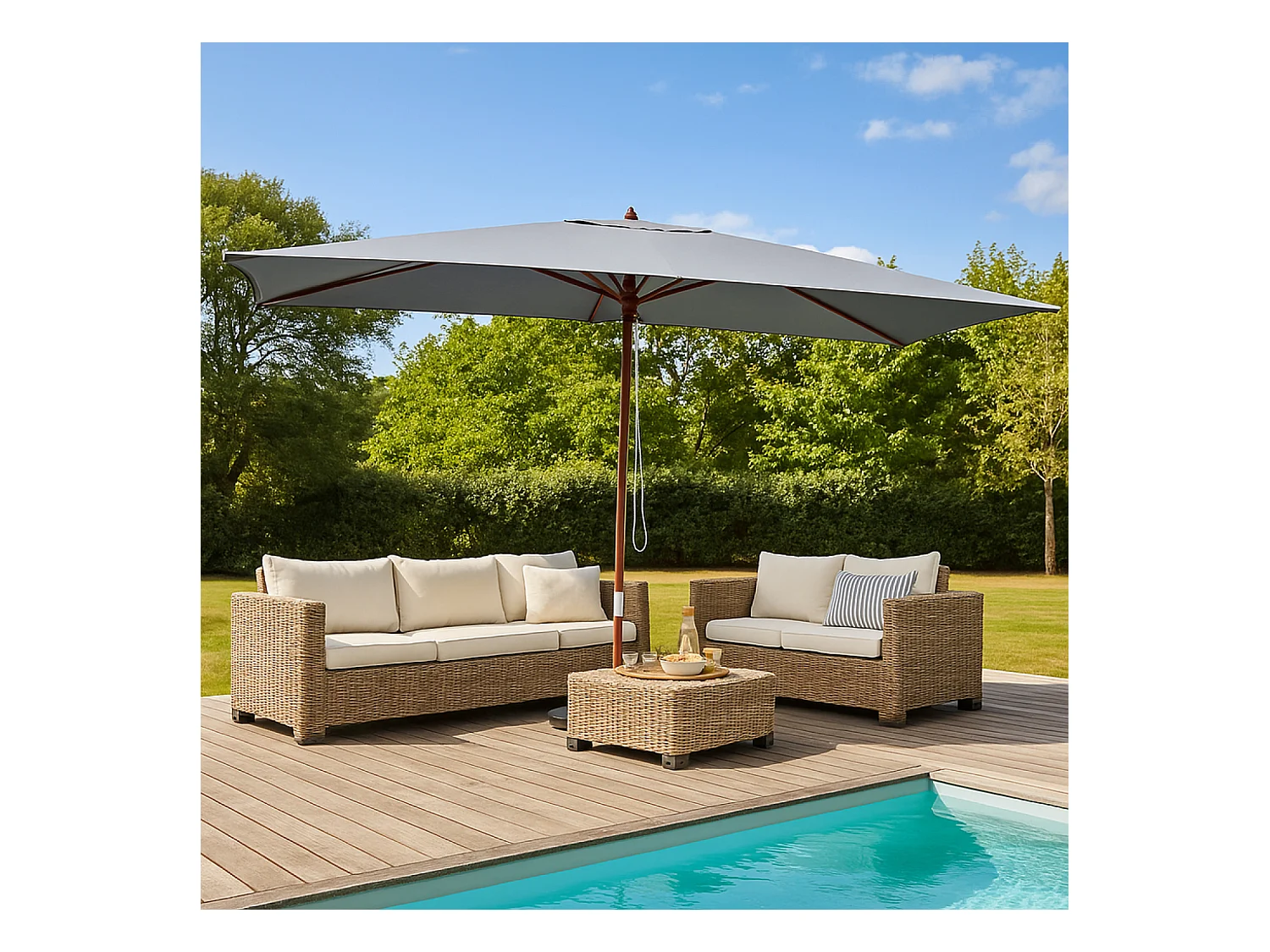 Parasol en bois rectangulaire toile grise PISE