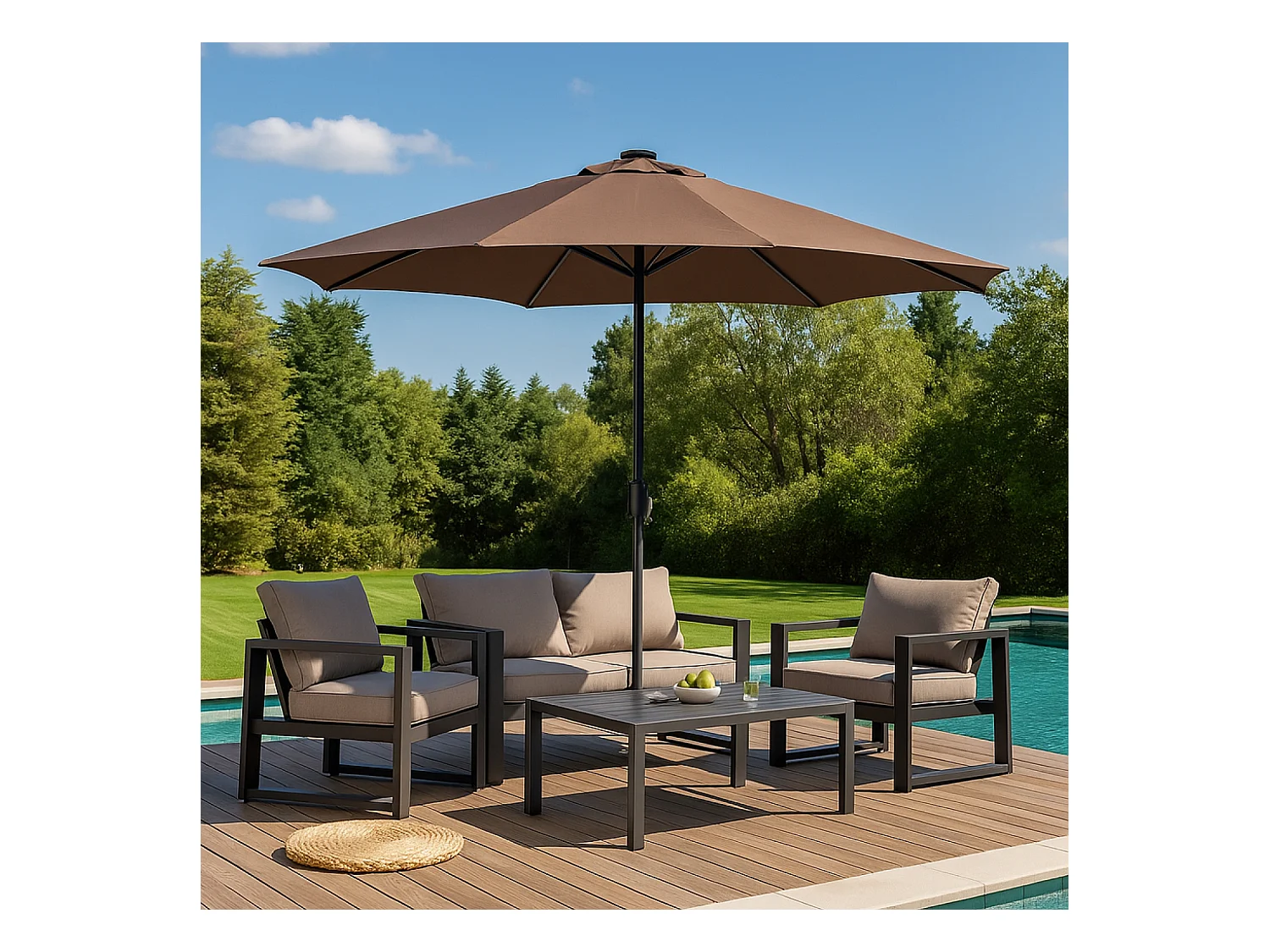 Parasol droit rond led diamètre 3 m chocolat MANAROLA