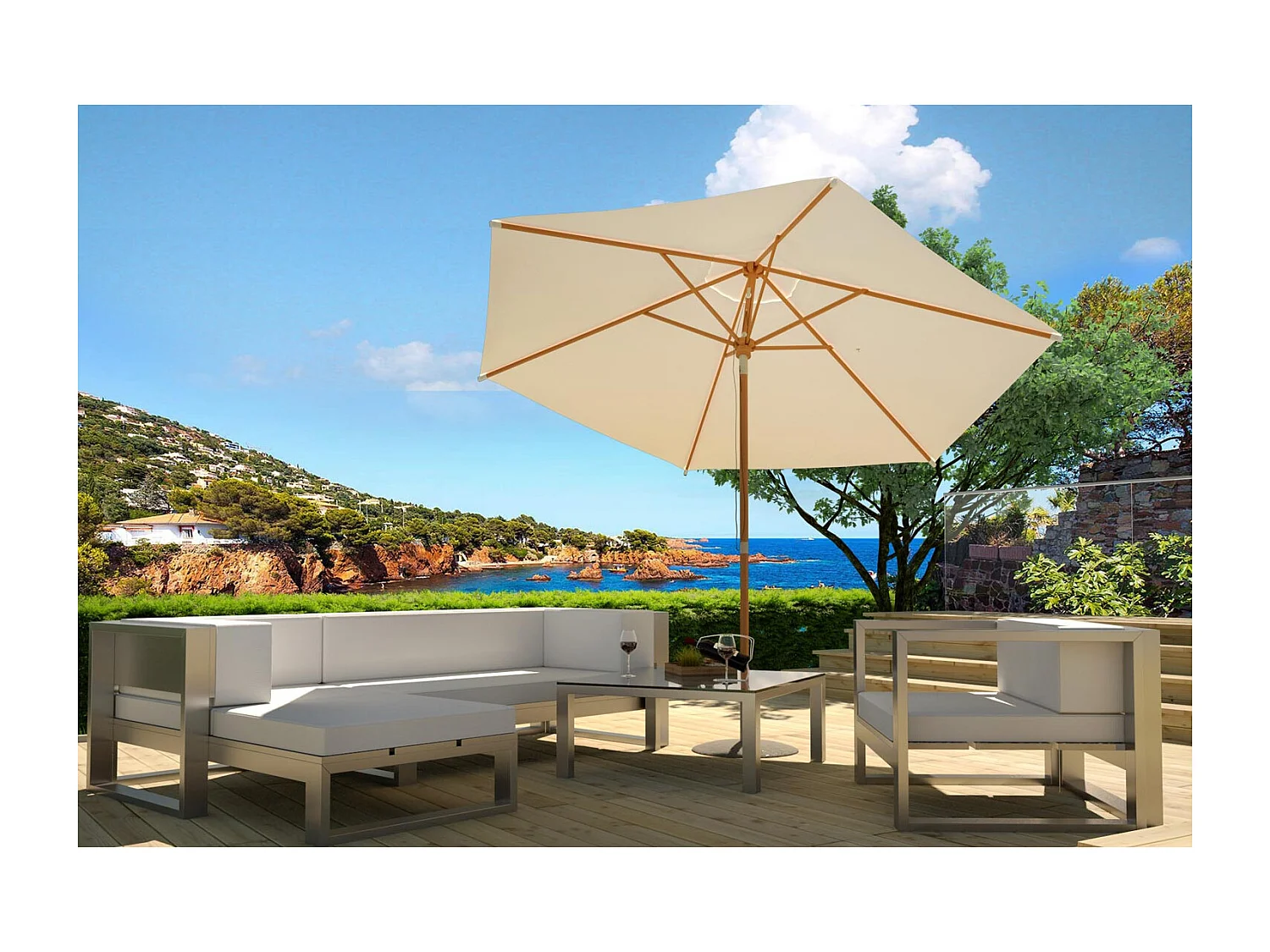 Ombrellone inclinabile in legno ecru Ø 300cm CANCÚN