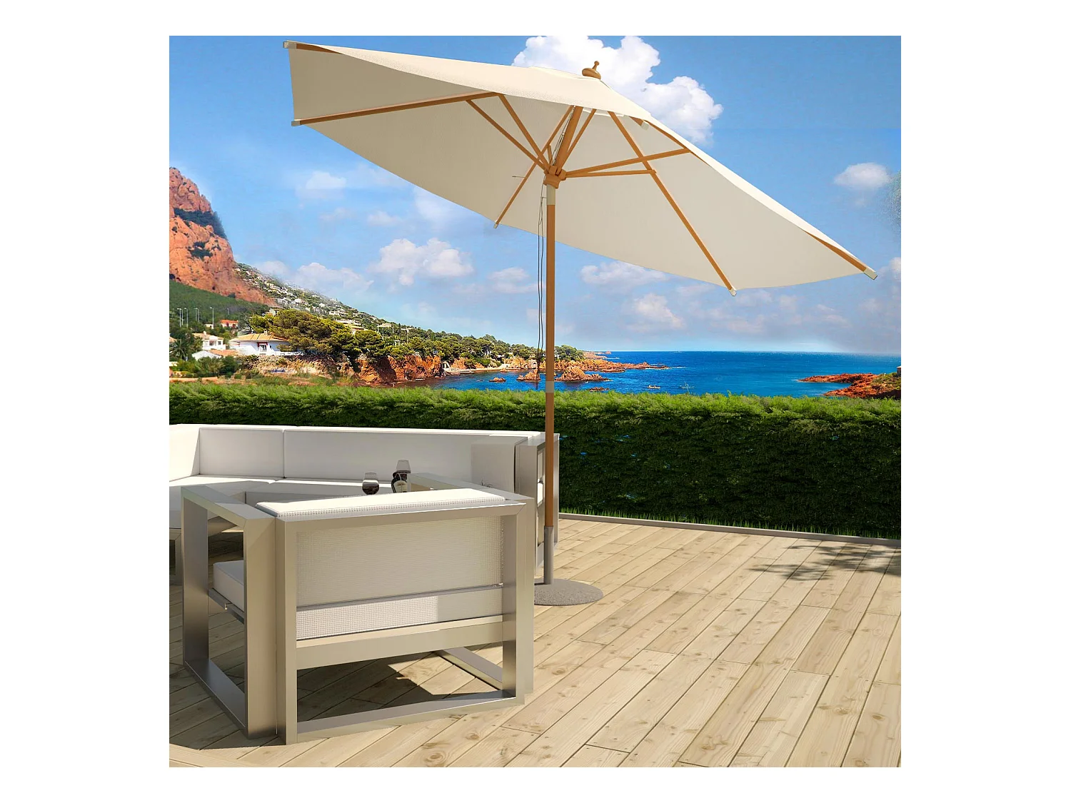 Parasol droit et inclinable en bois diamètre 3m écru Cancun