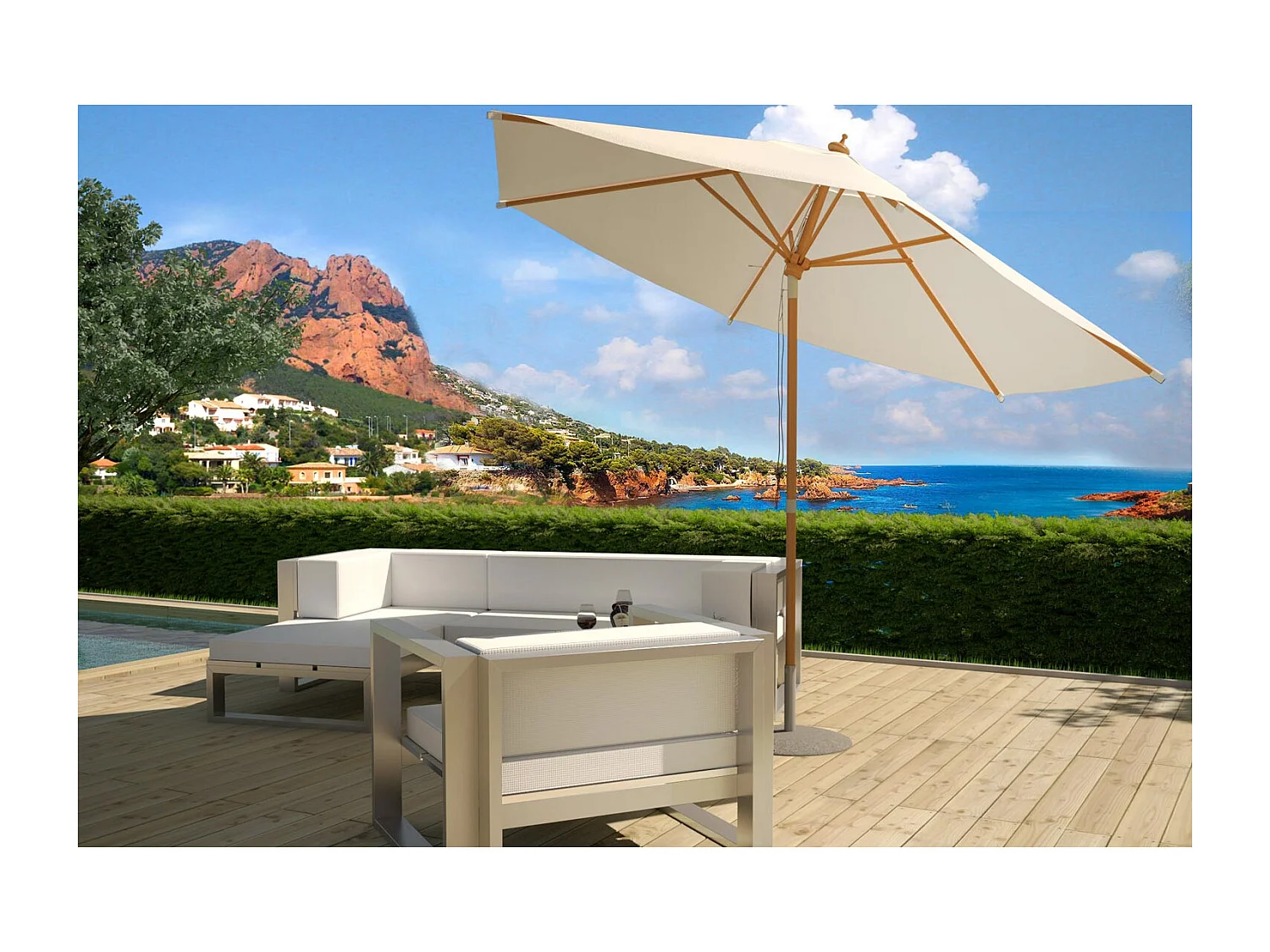 Parasol droit et inclinable en bois diamètre 3m écru Cancun