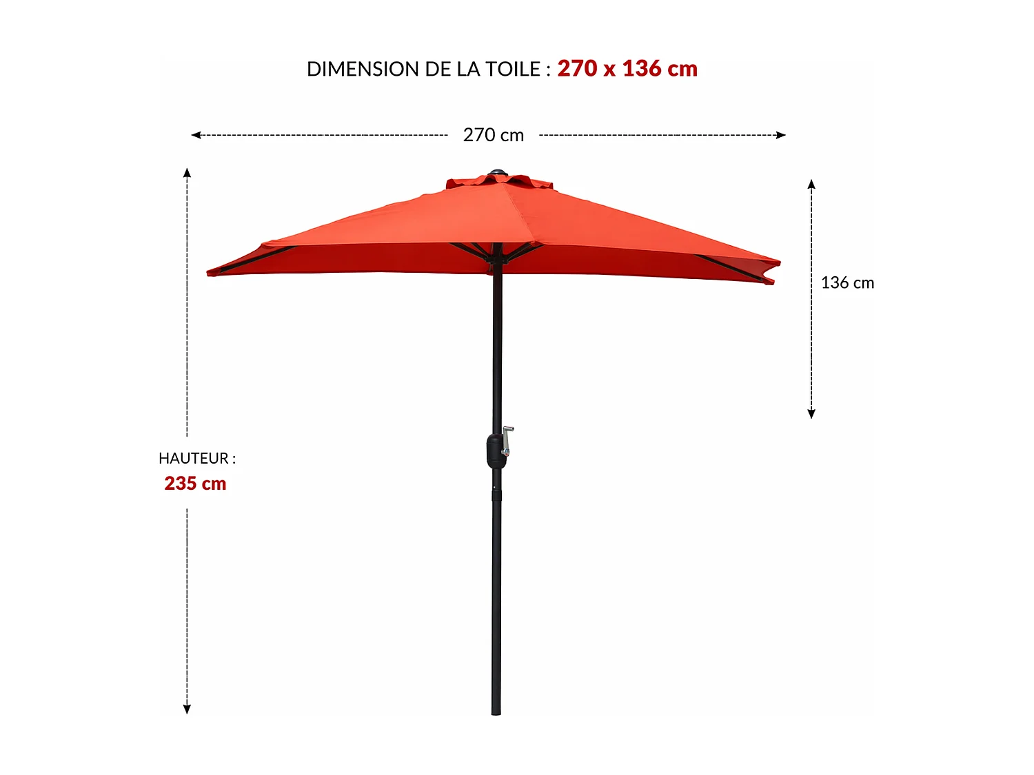 Parasol  terracotta droit demi-rond 2,66 x 1,36 m CATANE