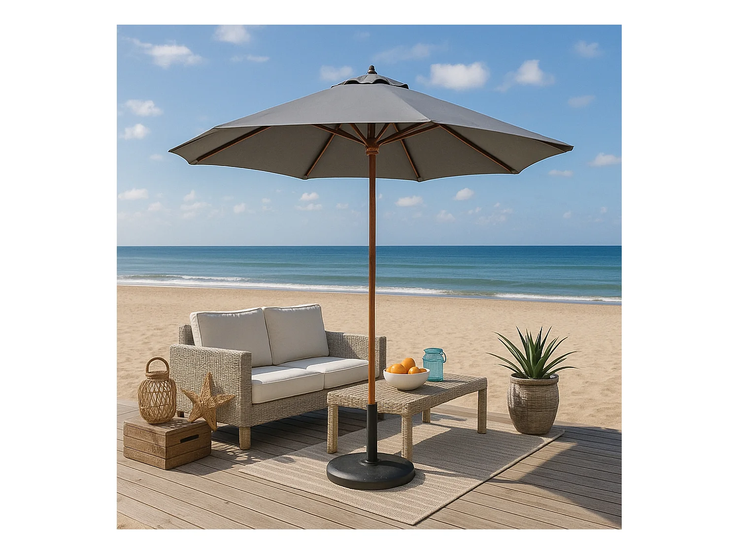 Parasol en bois inclinable rond toile grise CANCUN