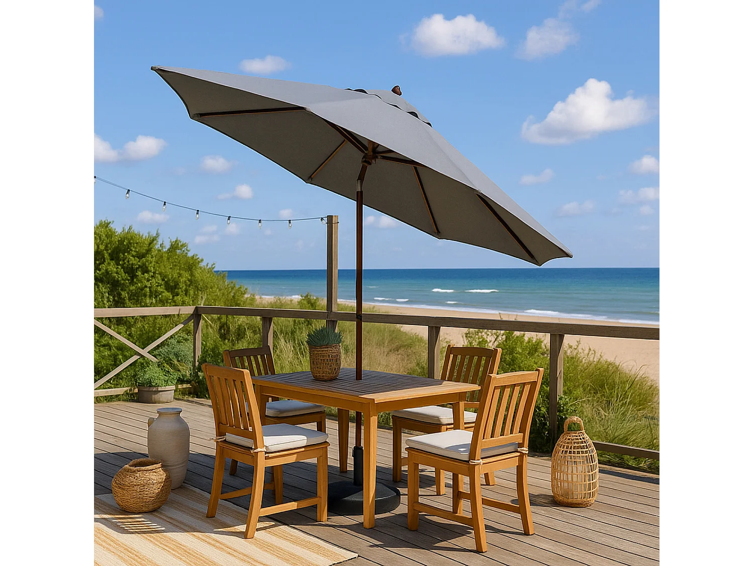 Parasol en bois inclinable rond toile grise CANCUN