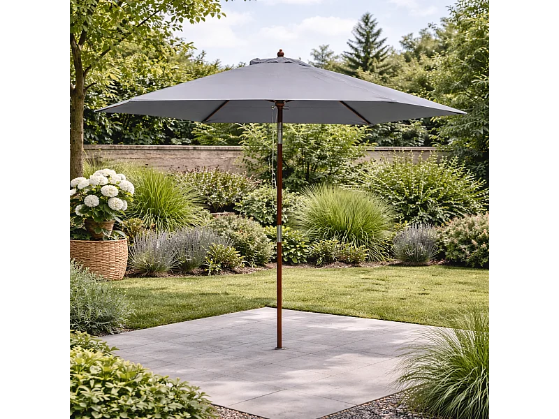 Parasol en bois inclinable rond toile grise CANCUN