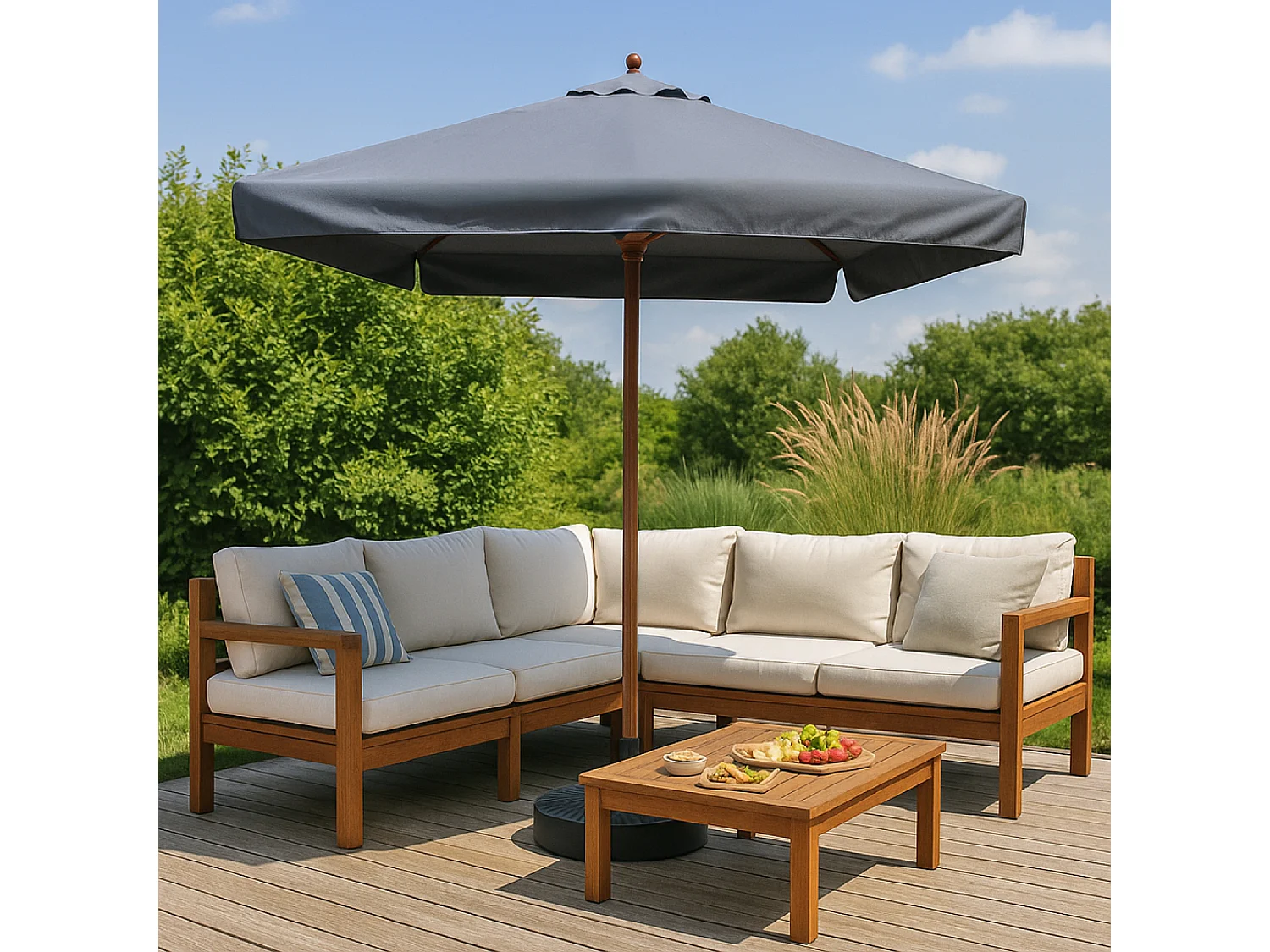 Sonnenschirm Holz 3 x 3 m grau PALAWAN mit Seilzugsystem - Ideal für Garten, Balkon und Pool