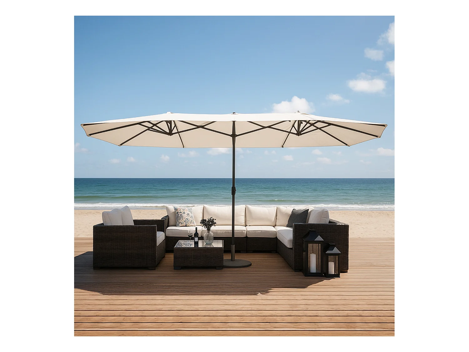 Doppelter Sonnenschirm 2,7 x 4,6m écru VENICE - Wasserdichtes Polyester, Kurbel, Stahlgestell - Rechteckig