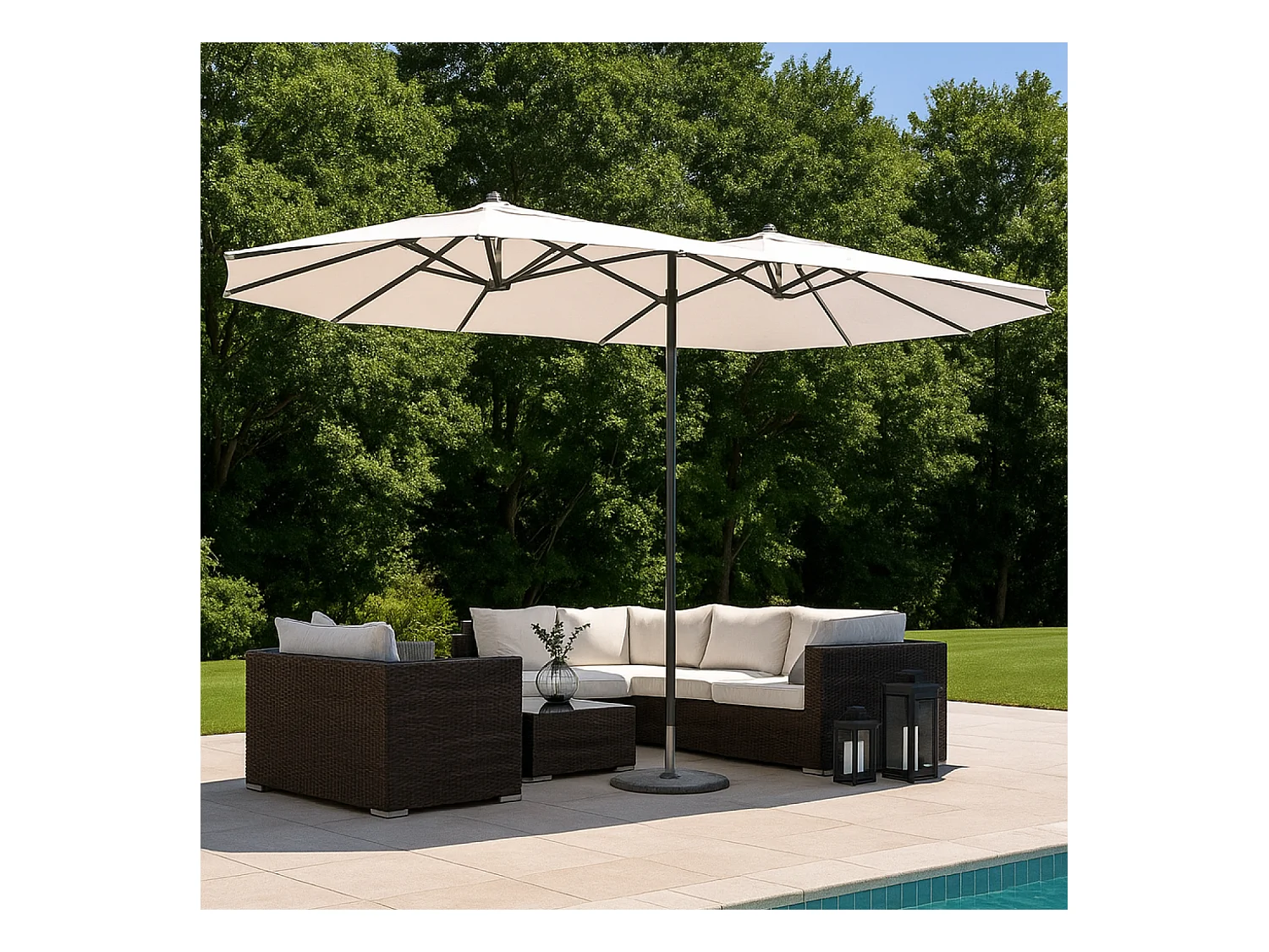 Doppelter Sonnenschirm 2,7 x 4,6m écru VENICE - Wasserdichtes Polyester, Kurbel, Stahlgestell - Rechteckig