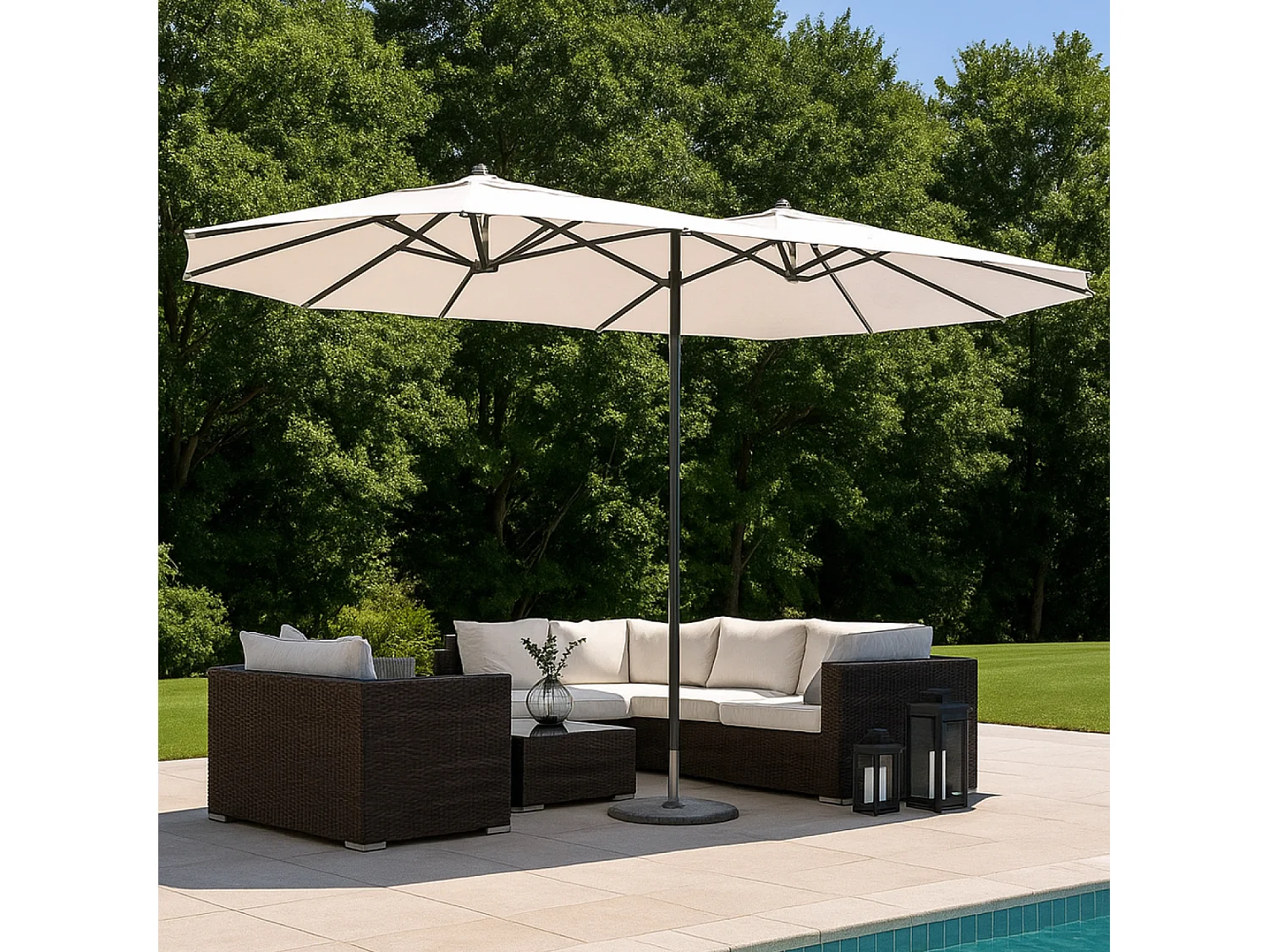 Parasol double  ecru droit ovale 2,7 x 4,6 m VENICE