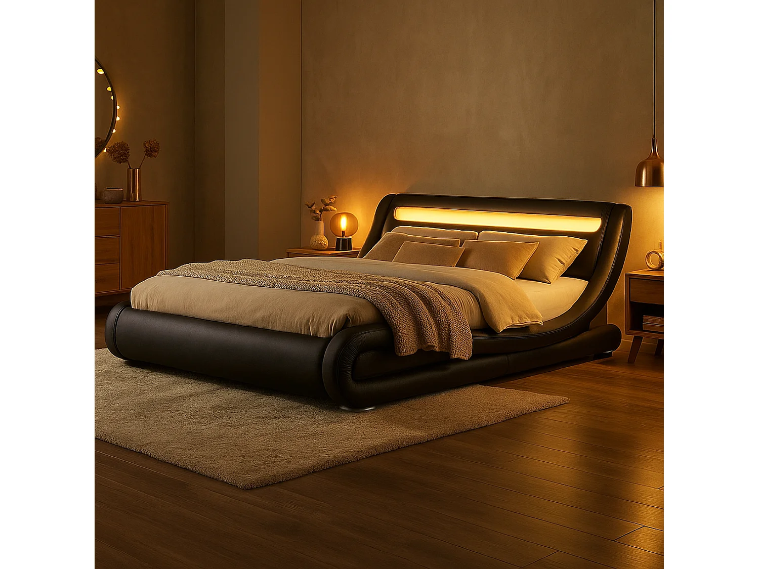 Lit avec led 160 x 200 cm en PU noir SEATTLE