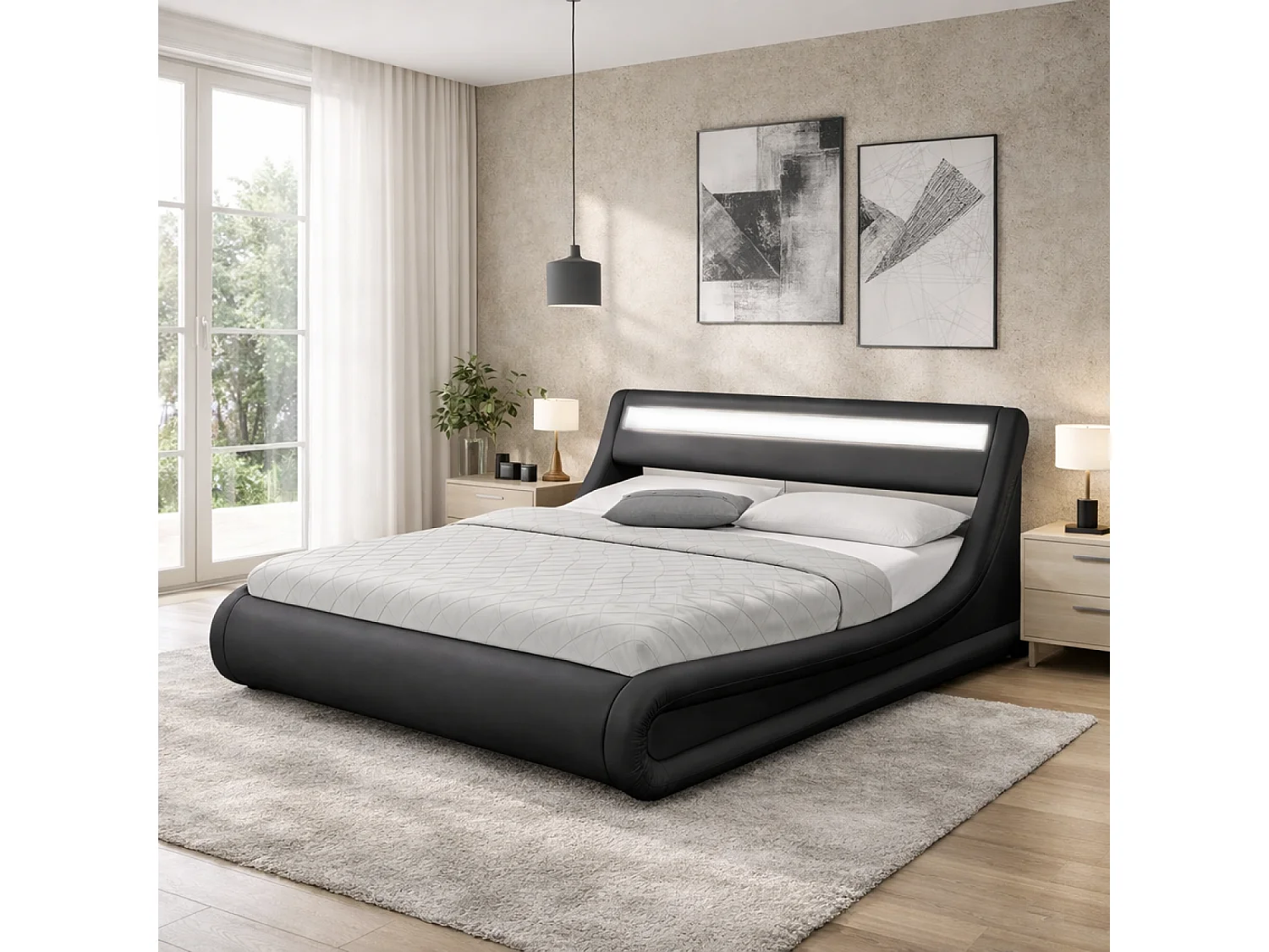 Lit coffre avec LED 140 x 190 cm noir PORTLAND