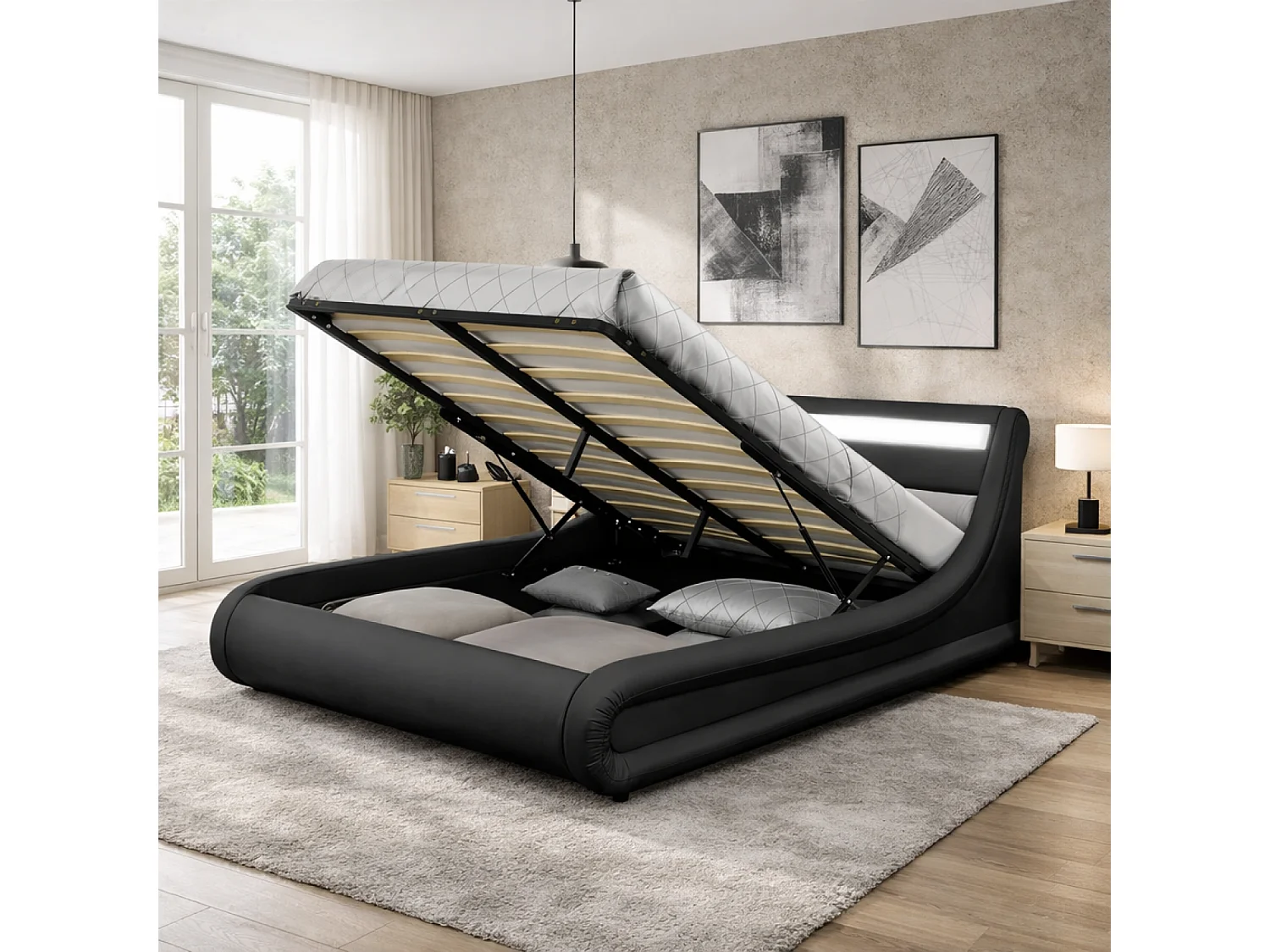 Lit coffre avec LED 140 x 190 cm noir PORTLAND