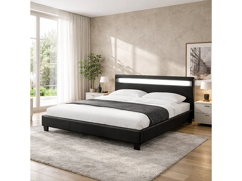 Bed in Zwart PU met geïntegreerde LED-verlichting 160x200cm PICADILLY