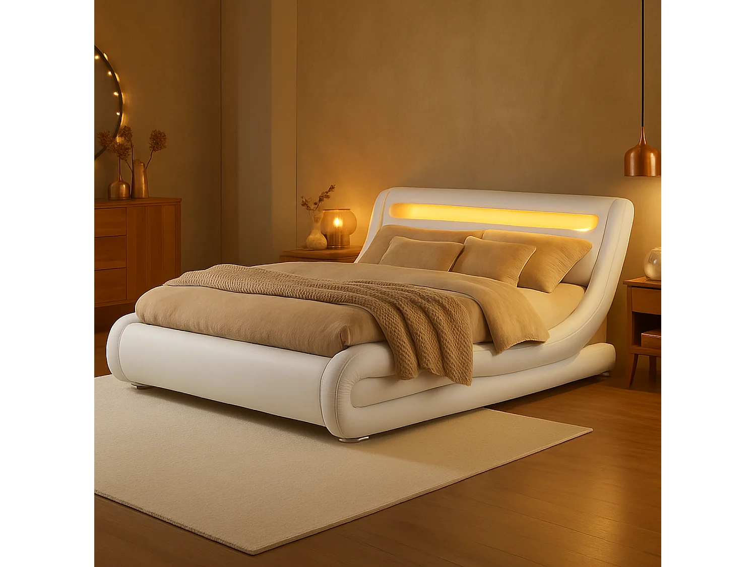 Cama de polipiel blanca con LED integrados 140x190  SEATTLE