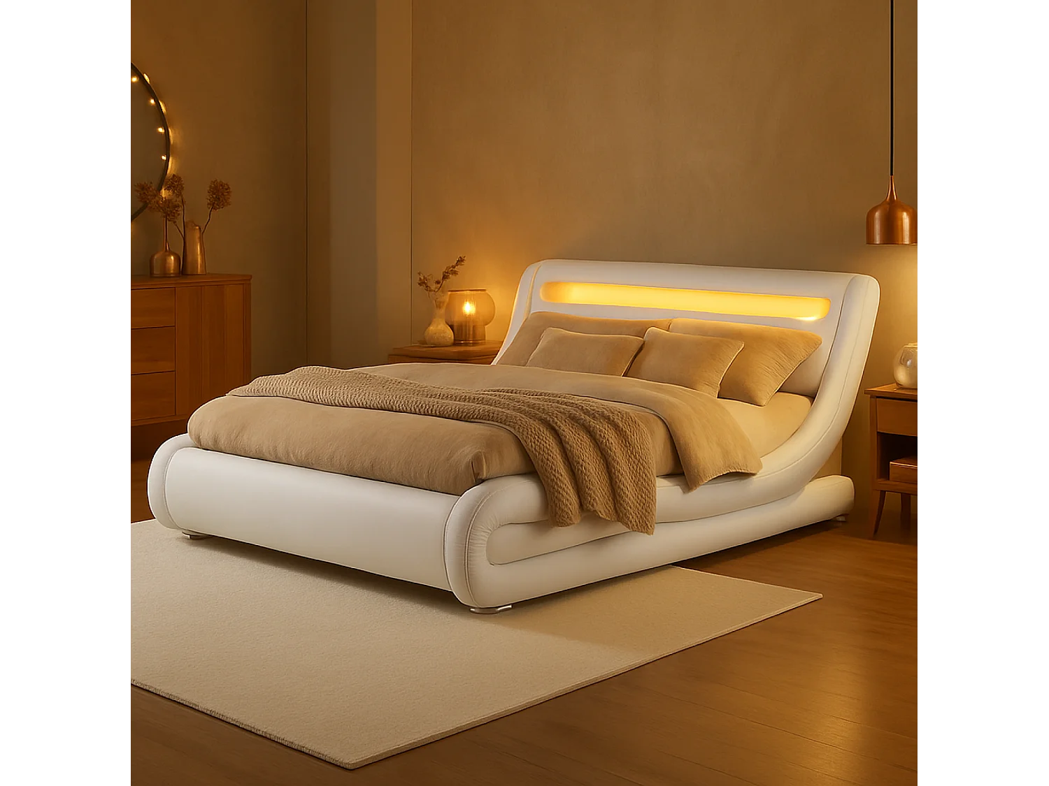 Cama de polipiel blanca con LED integrados 140x190  SEATTLE