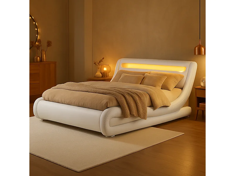 Struttura letto in Similpelle bianca con LED 140x190 cm SEATTLE