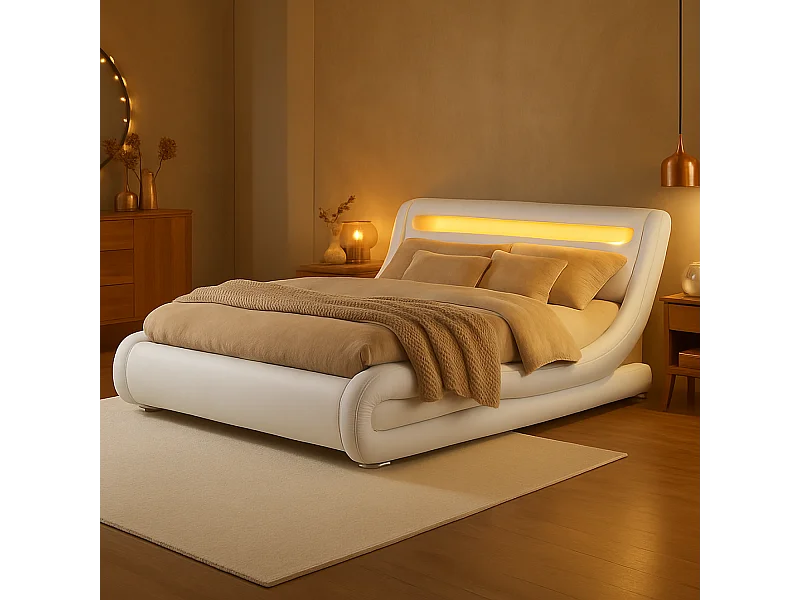 Struttura letto in Similpelle bianca con LED 140x190 cm SEATTLE