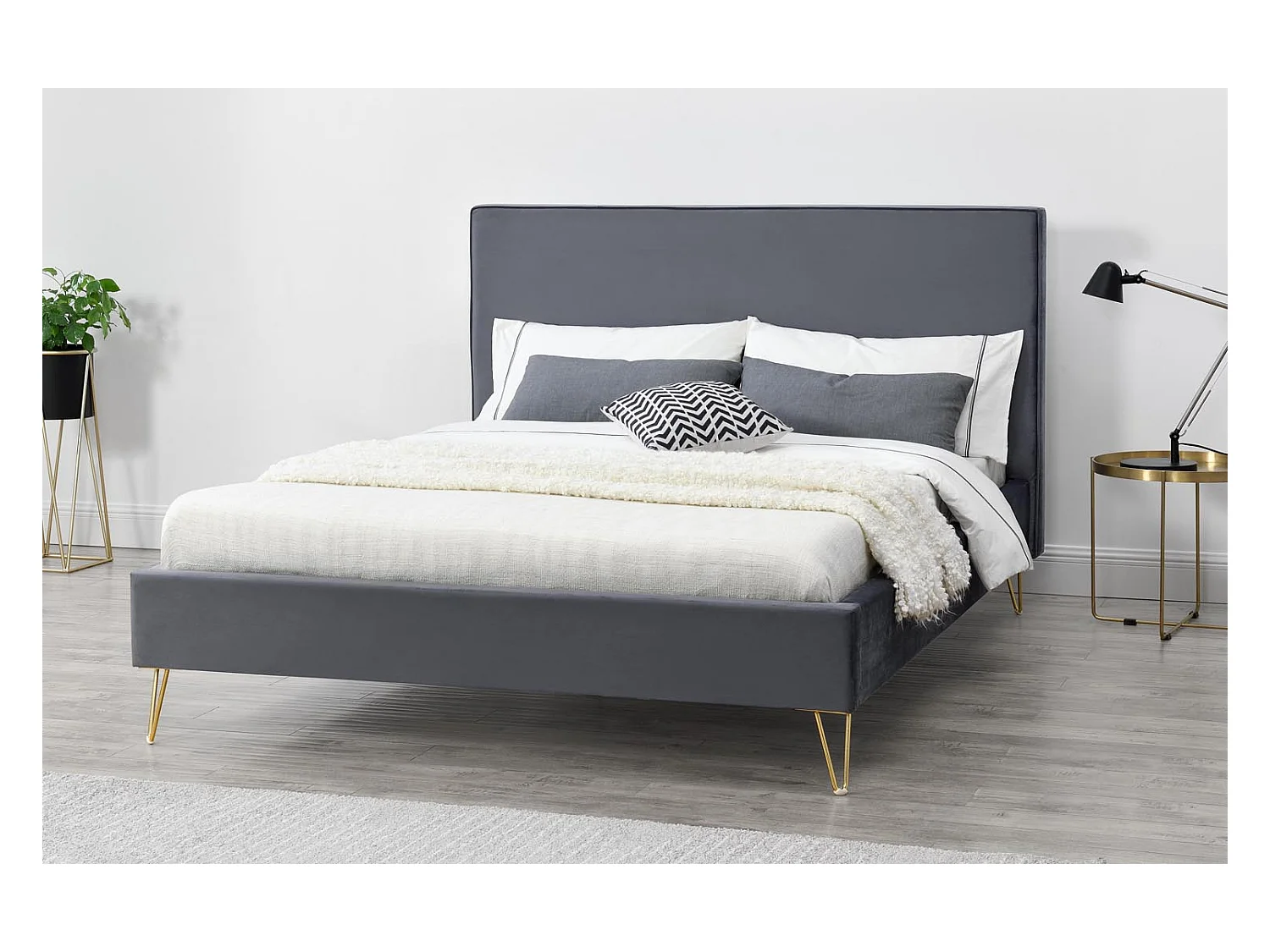 Struttura letto in velluto grigio e ottone 140x190 cm RIVERSIDE