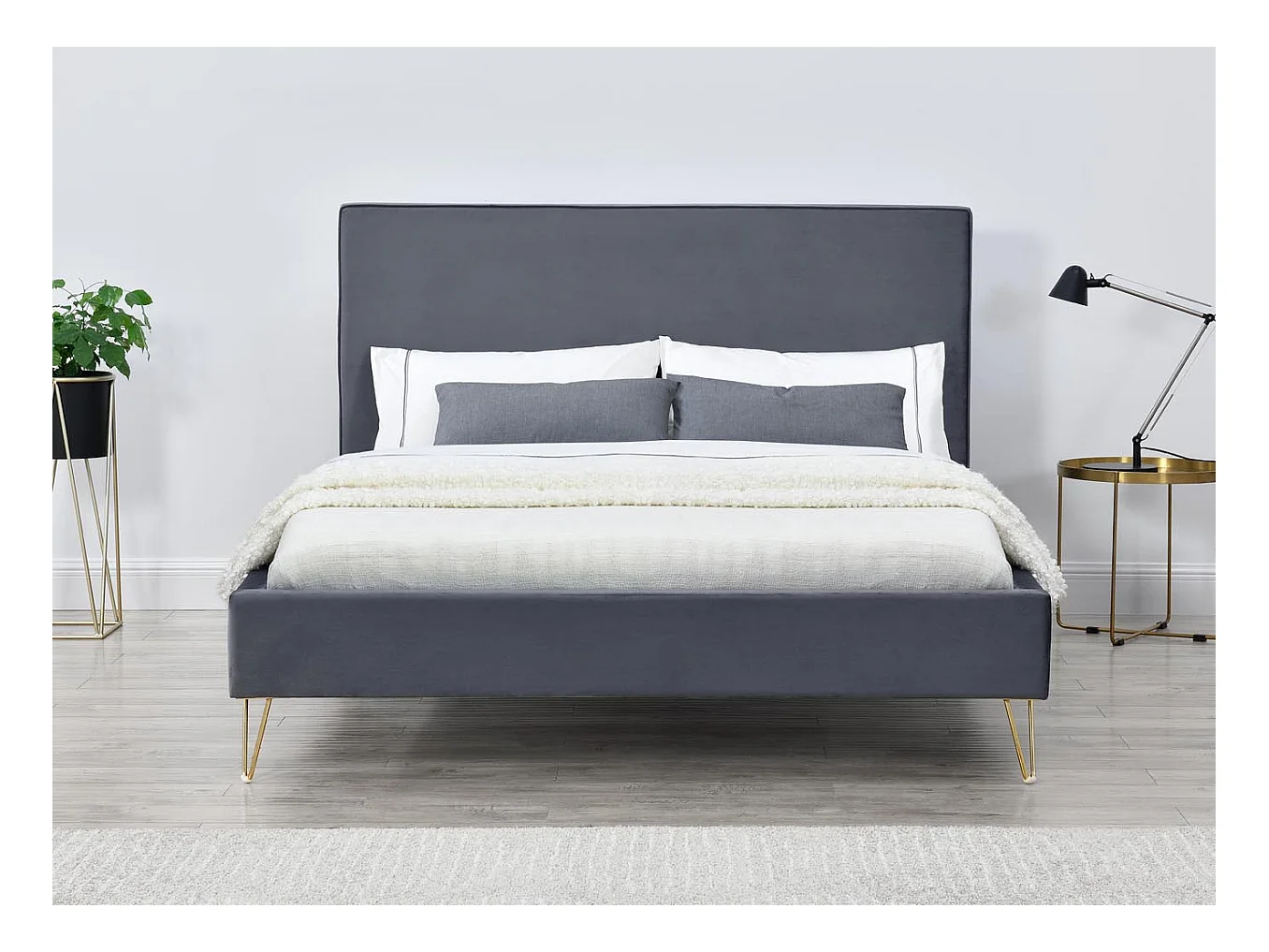 Struttura letto in velluto grigio e ottone 140x190 cm RIVERSIDE