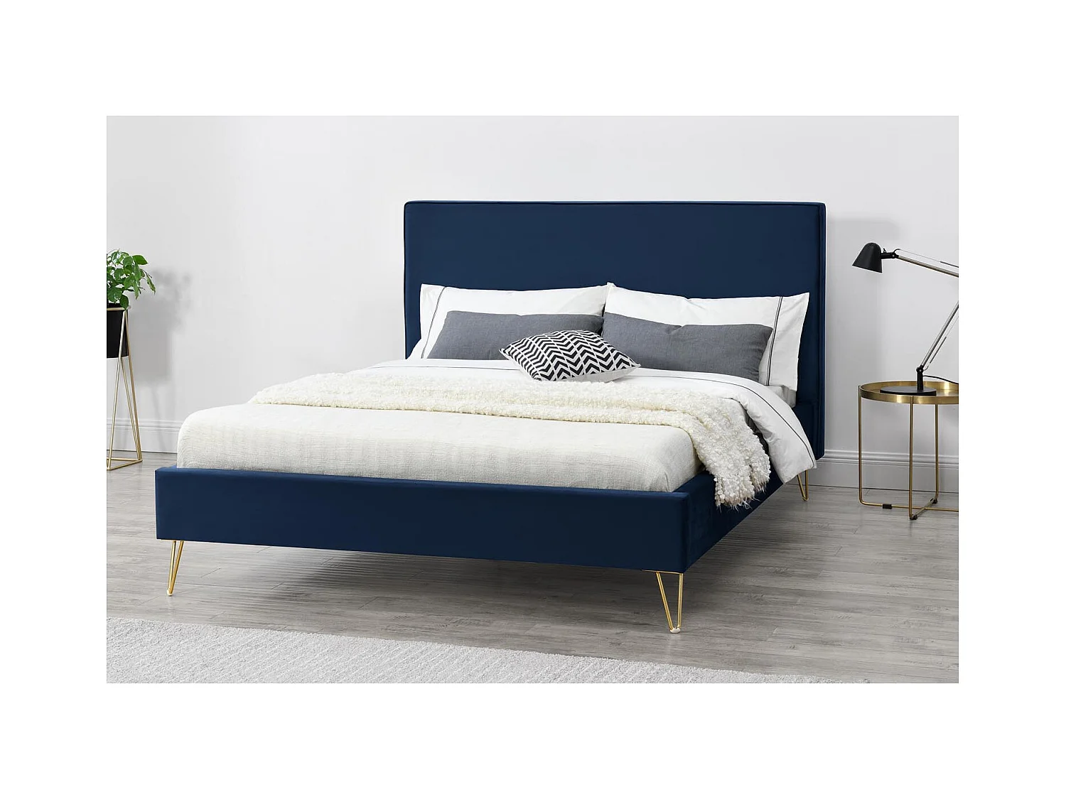 Struttura letto in velluto blu e ottone 140x190 cm RIVERSIDE