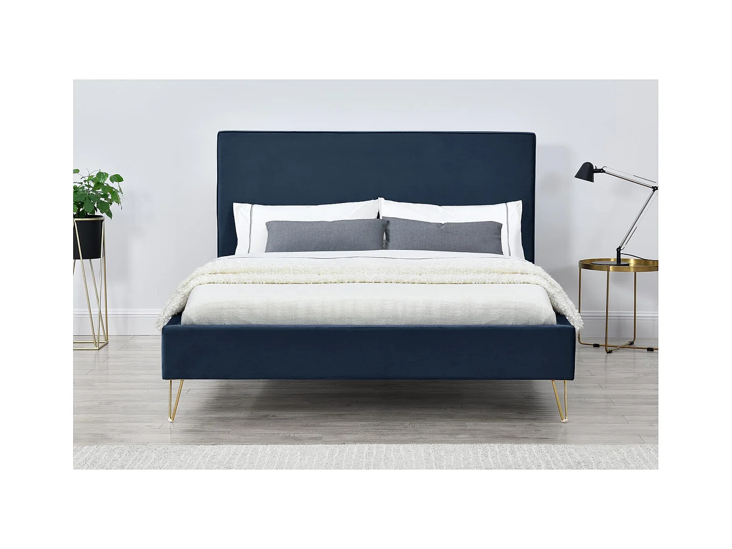 Struttura letto in velluto blu e ottone 140x190 cm RIVERSIDE