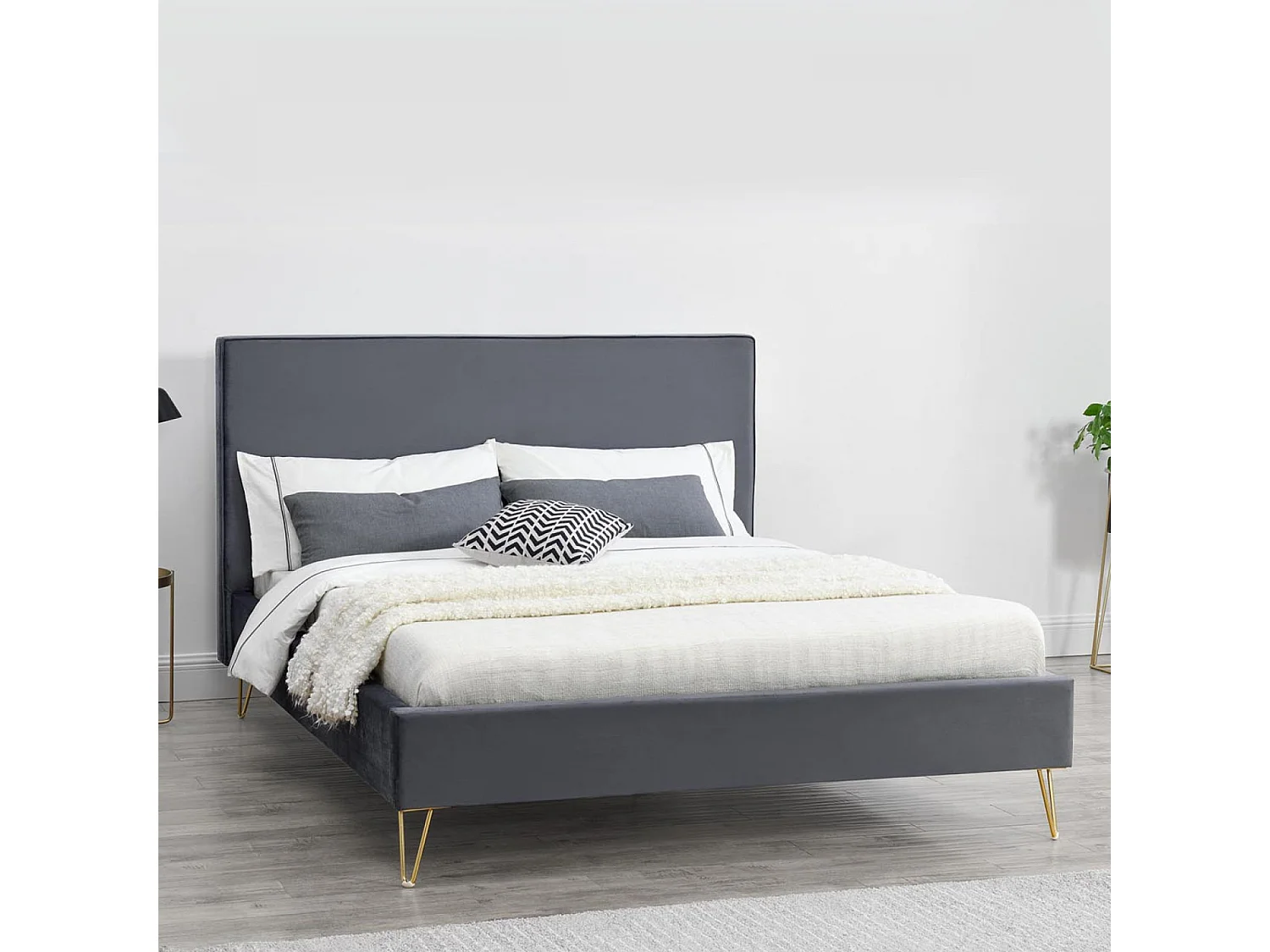 Struttura letto in velluto grigio e ottone 160x200 cm RIVERSIDE