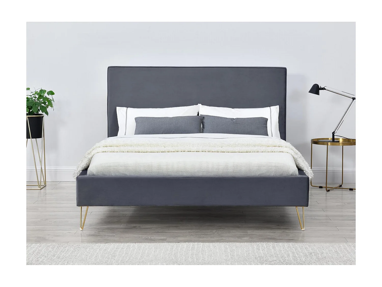 Struttura letto in velluto grigio e ottone 160x200 cm RIVERSIDE