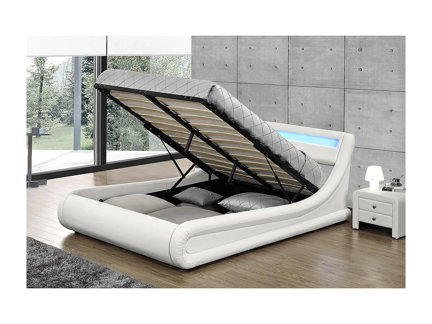 Bed Portland in Wit PU 160x200 cm met Opbergruimte en Geïntegreerde LED-verlichting