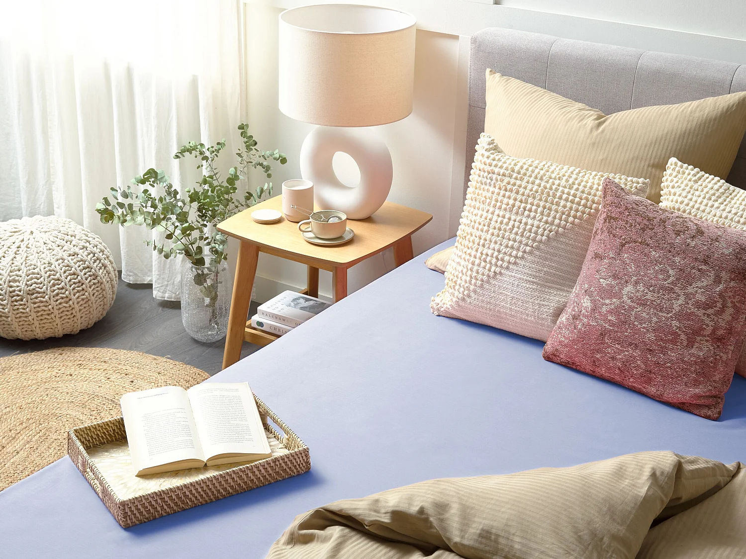 Drap housse JANBU Coton 90 x 200 cm Bleu clair