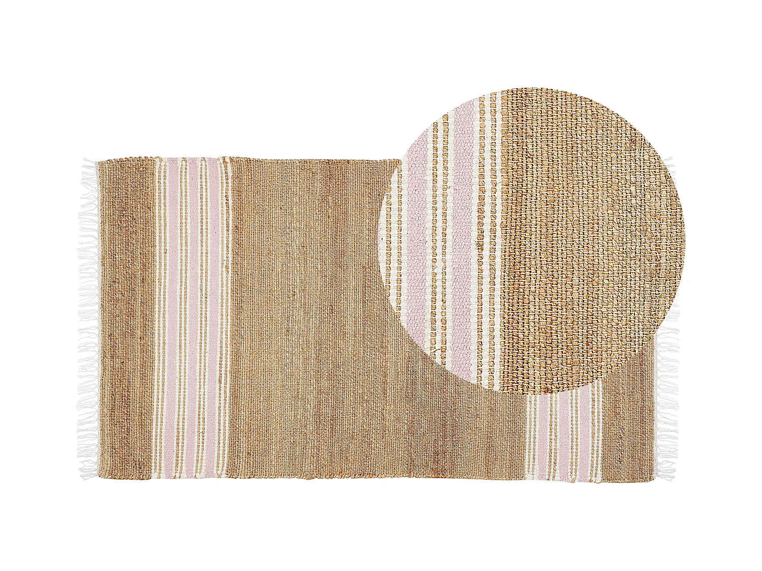 Teppich Jute natürlich beige 80 x 150 cm Fransen Streifen rosa handgewebt Mirza