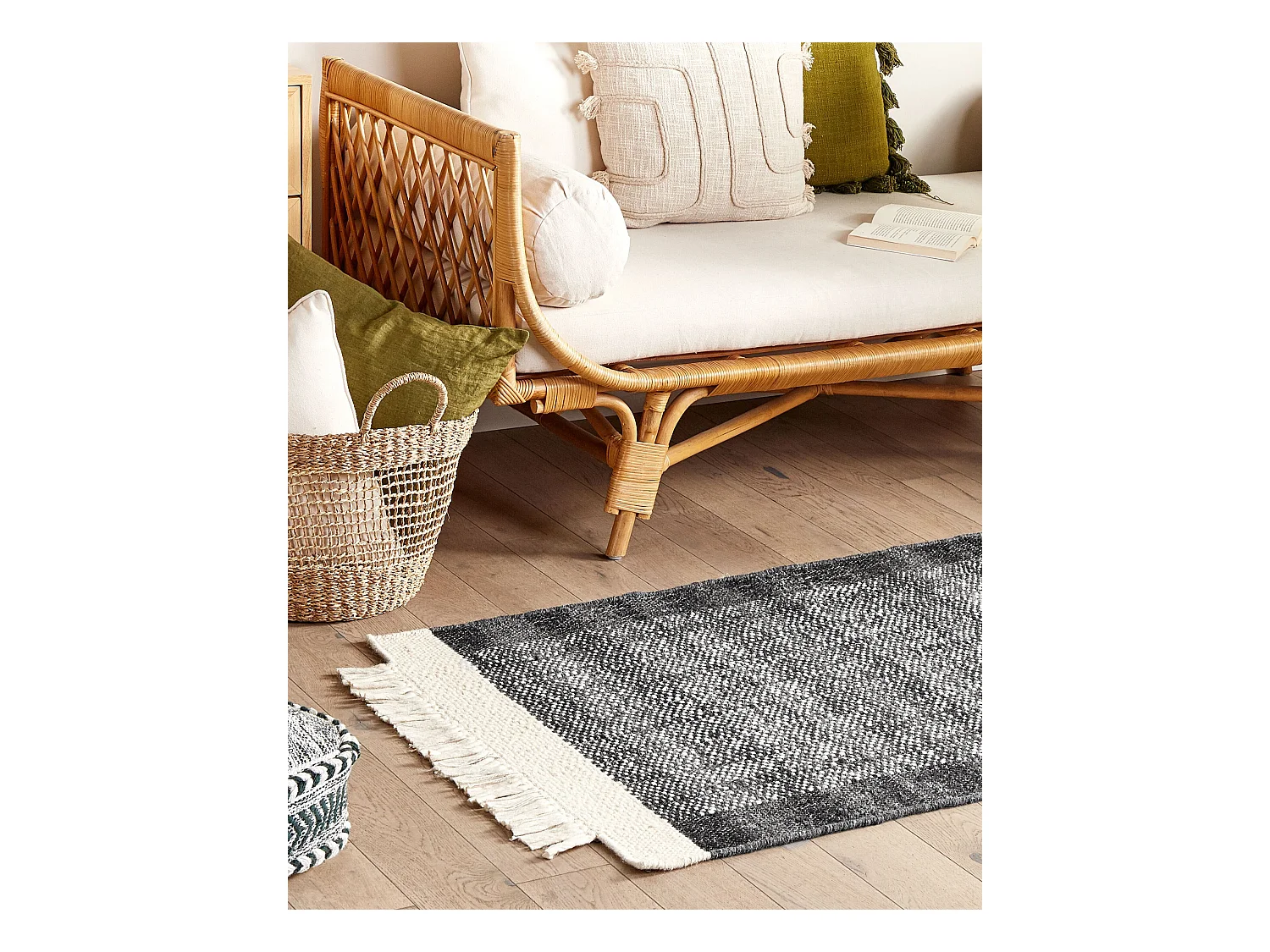 Teppich Wolle schwarz / cremeweiss 80 x 150 cm Streifenmuster Kurzflor ATLANTI