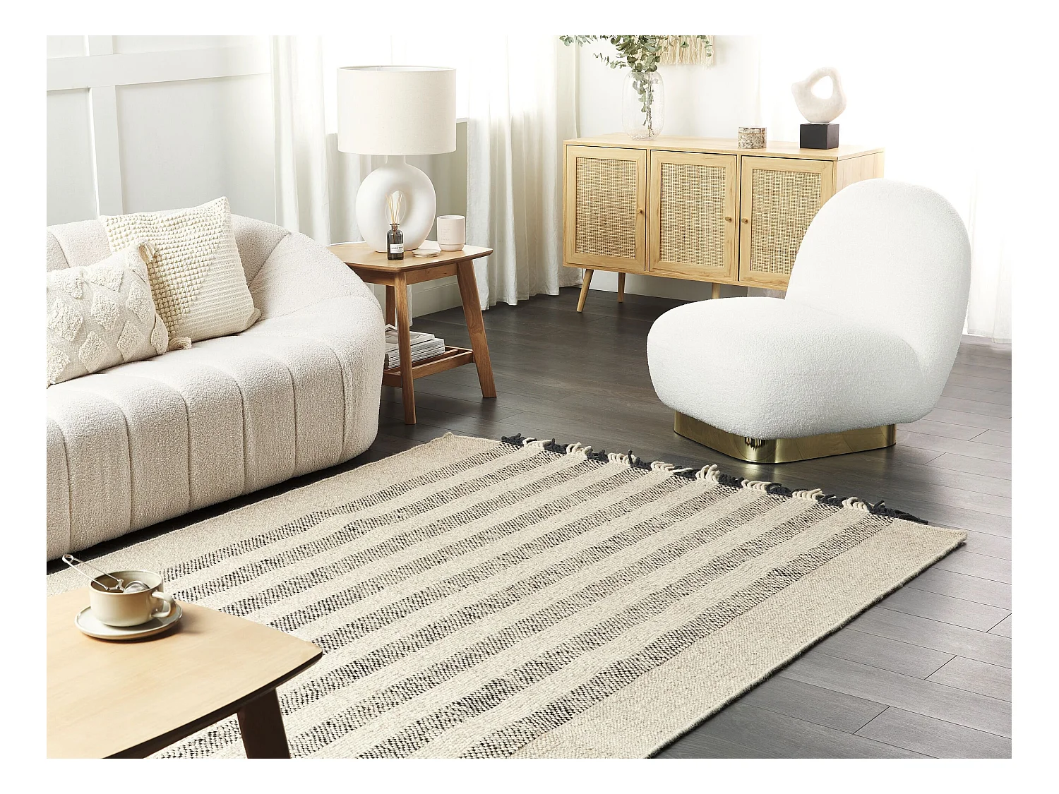 Teppich Wolle cremeweiss / schwarz 160 x 230 cm Streifenmuster Kurzflor TACETTIN