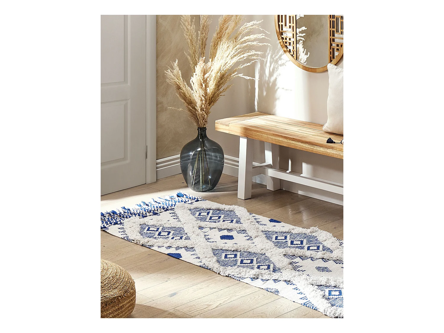 Teppich Baumwolle beige / blau geometrisches Muster 80 x 200 cm Boho Manavgat