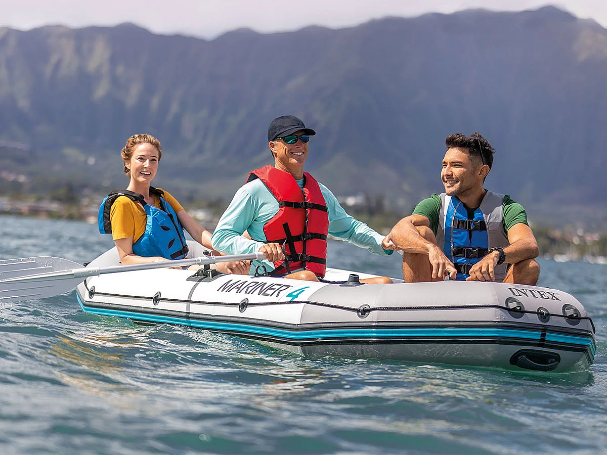 Barco hinchable Mariner Intex 4 personas con remos+bomba de hinchado gris 48x145x328 cm