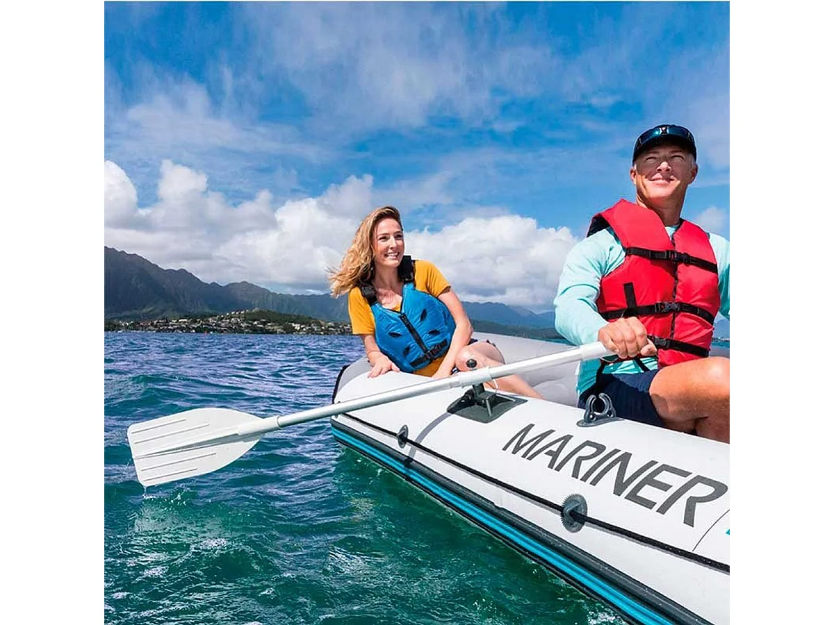 Barco hinchable Mariner Intex 4 personas con remos+bomba de hinchado gris 48x145x328 cm