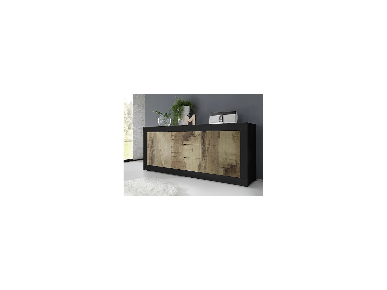 Buffet BASIC 2 portes 3 tiroirs noir mat-pero 210 cm