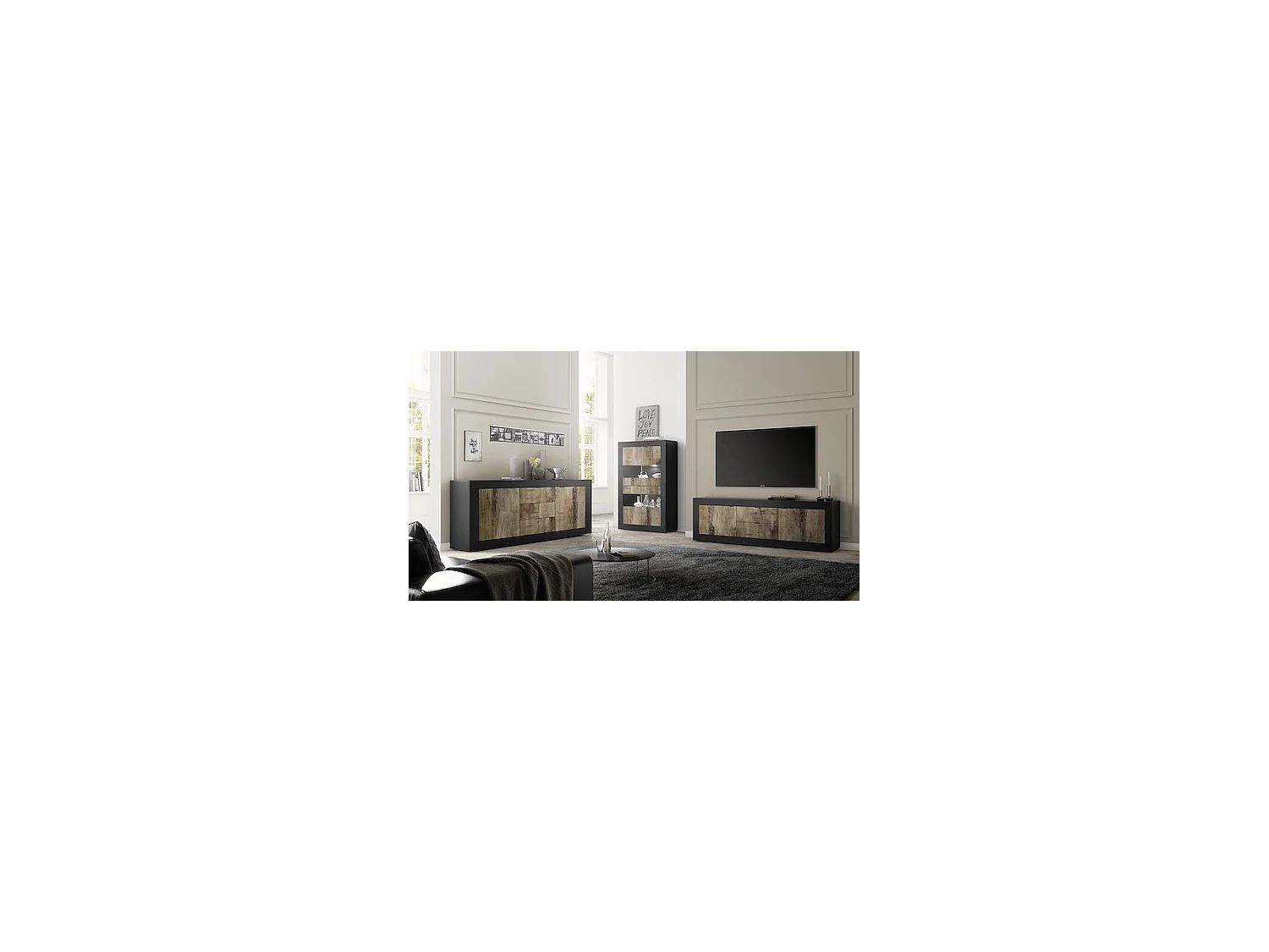 Buffet BASIC 2 portes 3 tiroirs noir mat-pero 210 cm