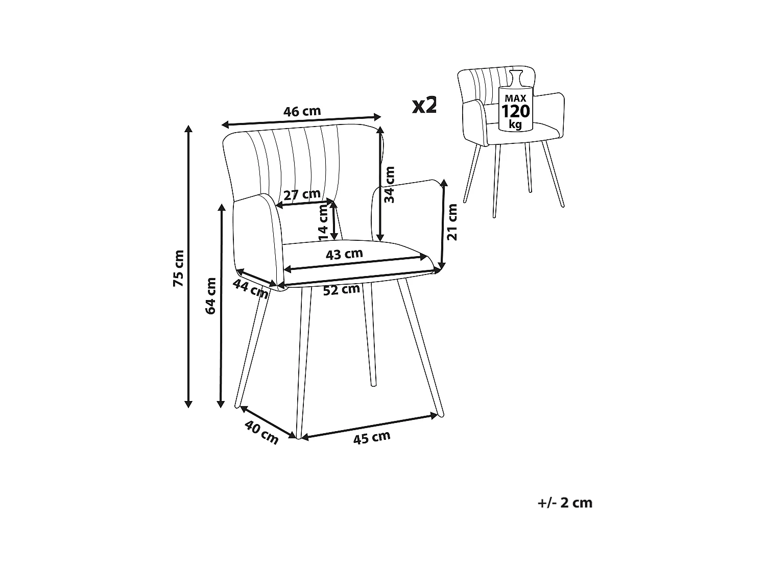 Set van 2 eetkamerstoelen SANILAC Fluweel Grijs