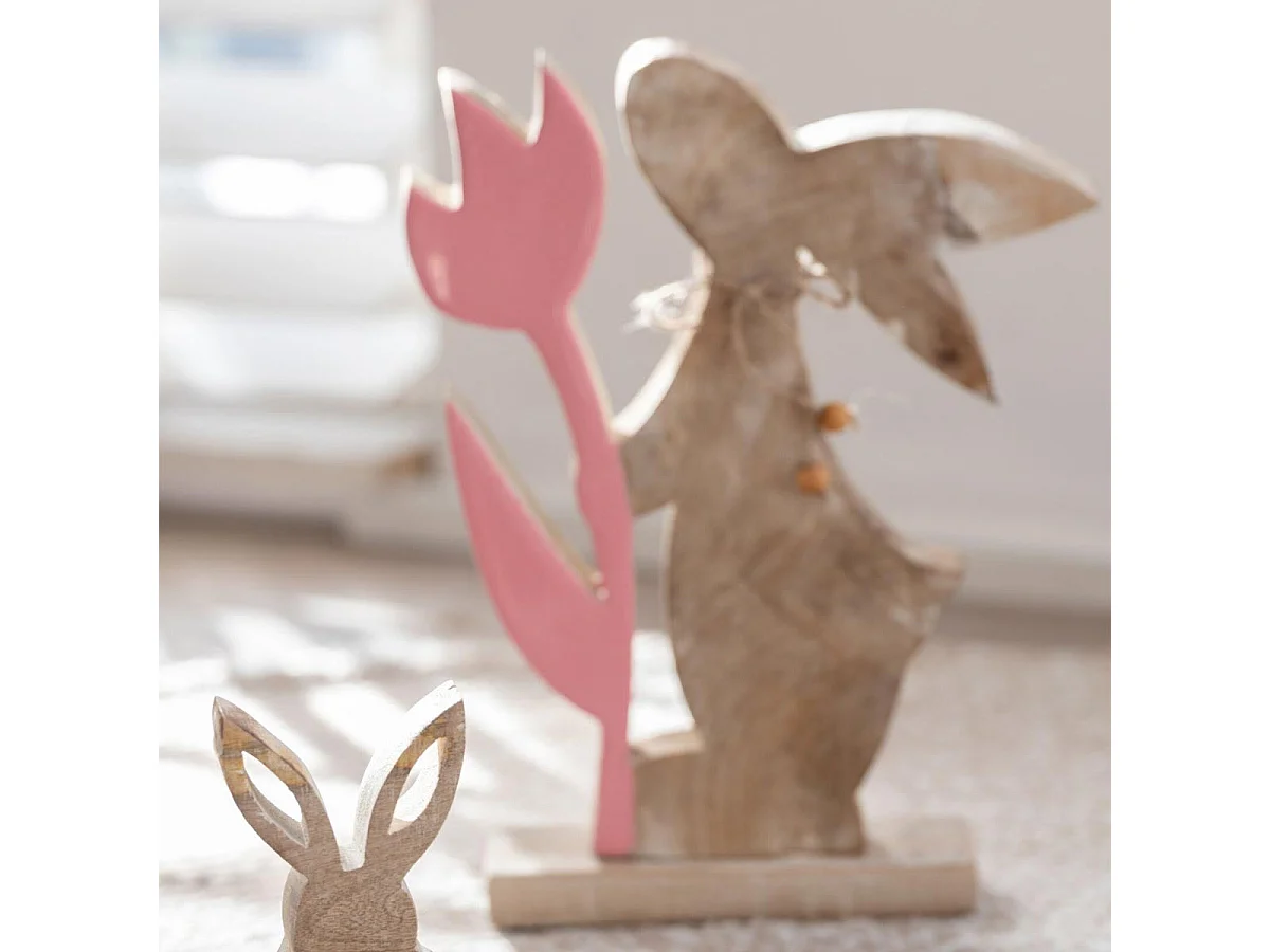 Statuette Déco "Lapin Fleur" 27cm Rose & Beige
