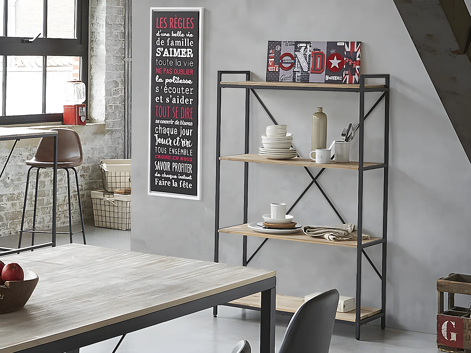 Meuble Étagère 4 niveaux en Métal Noir et Bois d'Acacia H 141 cm