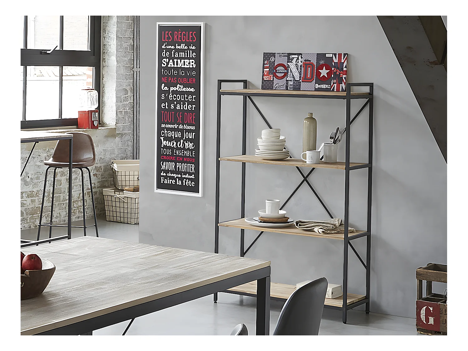 Meuble Étagère 4 niveaux en Métal Noir et Bois d'Acacia H 141 cm