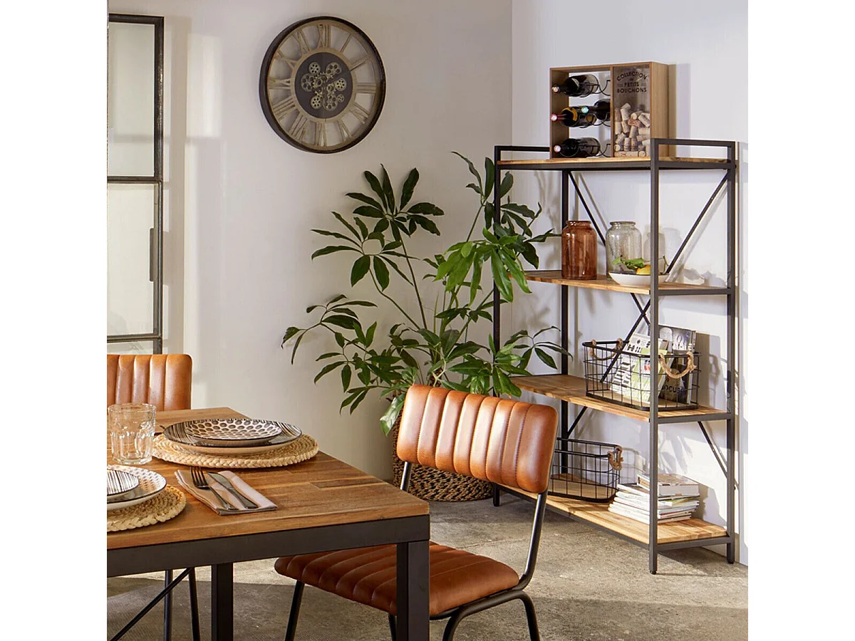 Meuble Étagère 4 niveaux en Métal Noir et Bois d'Acacia H 141 cm