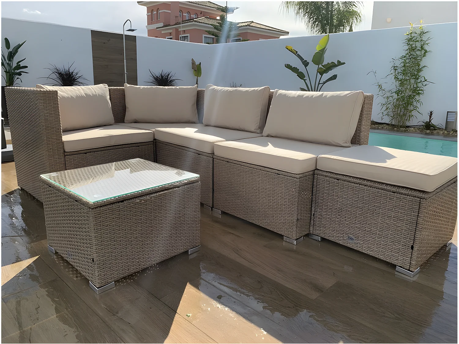 Salon de jardin Bahamas Ensemble Quatre 5 Places Beige Rotin Synthétique Kiefergarden