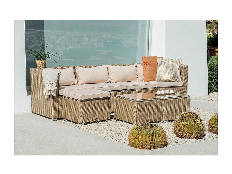 Conjunto Muebles de Jardín Muebles de Jardín Conjuntos Sofá Bahamas Conjunto Cuatro doble mesa 5 Plazas Ratán sintético Marrón Tostado KieferGarden